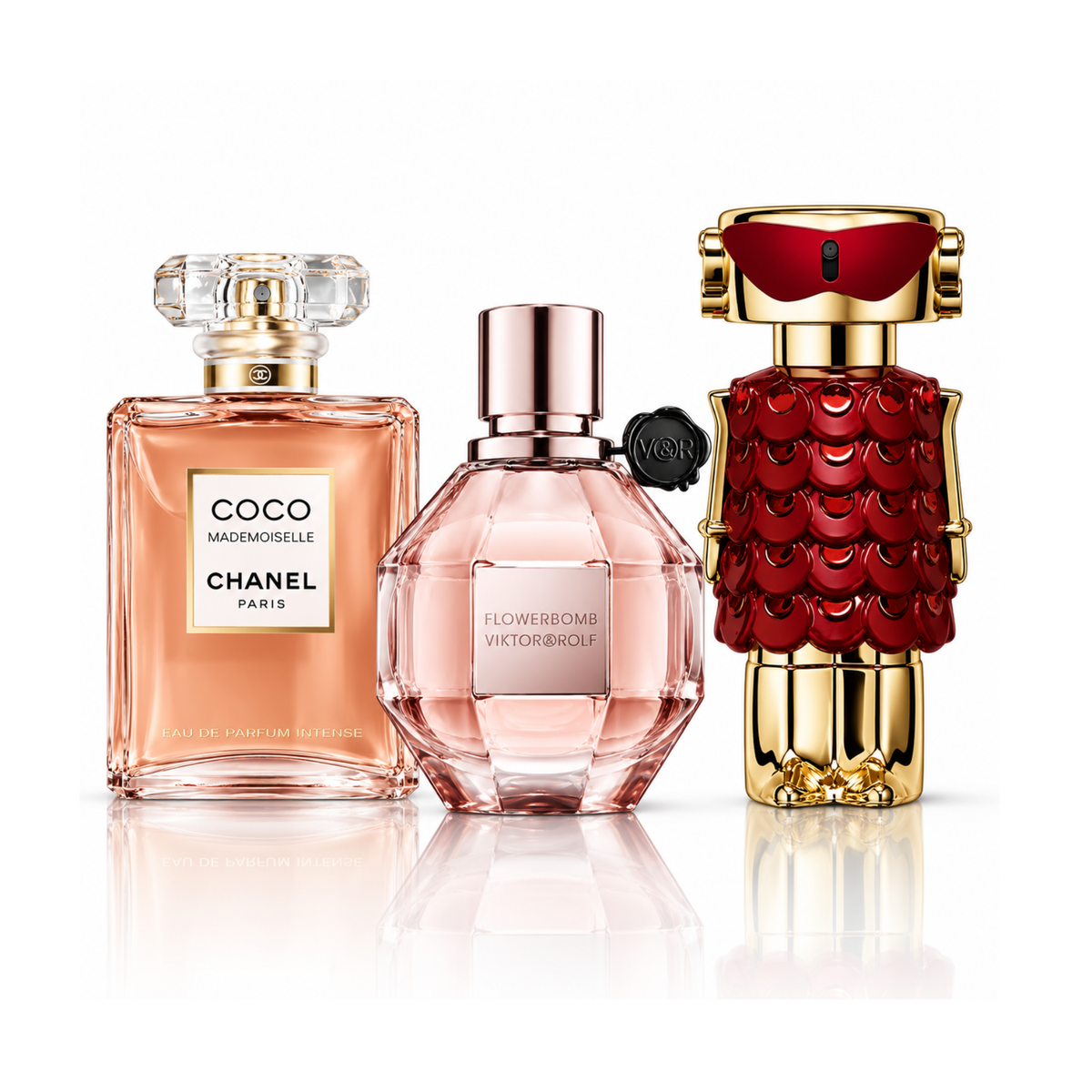 Комплект от 3 парфюма | Coco Mademoiselle Chanel Eau de Parfum – 100 ml | Flowerbomb Viktor&Rolf Eau de Parfum – 100 ml | Fame In Love Rabanne Parfum Elixir – 80 ml